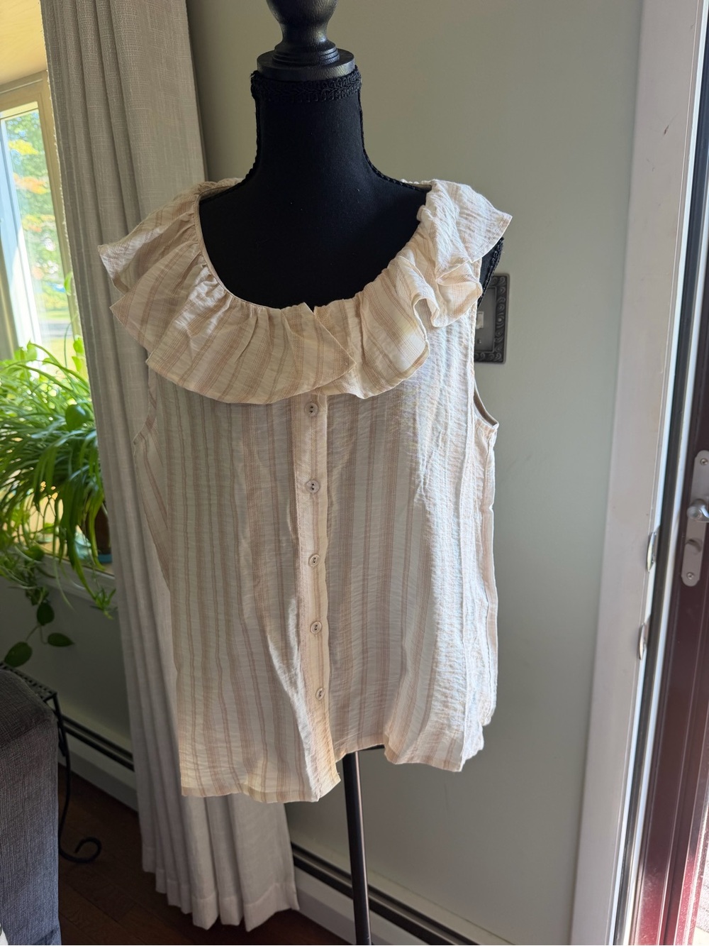 Jane and Delancey Ruffle-Neck Button Front Camisole in Beige Stripe